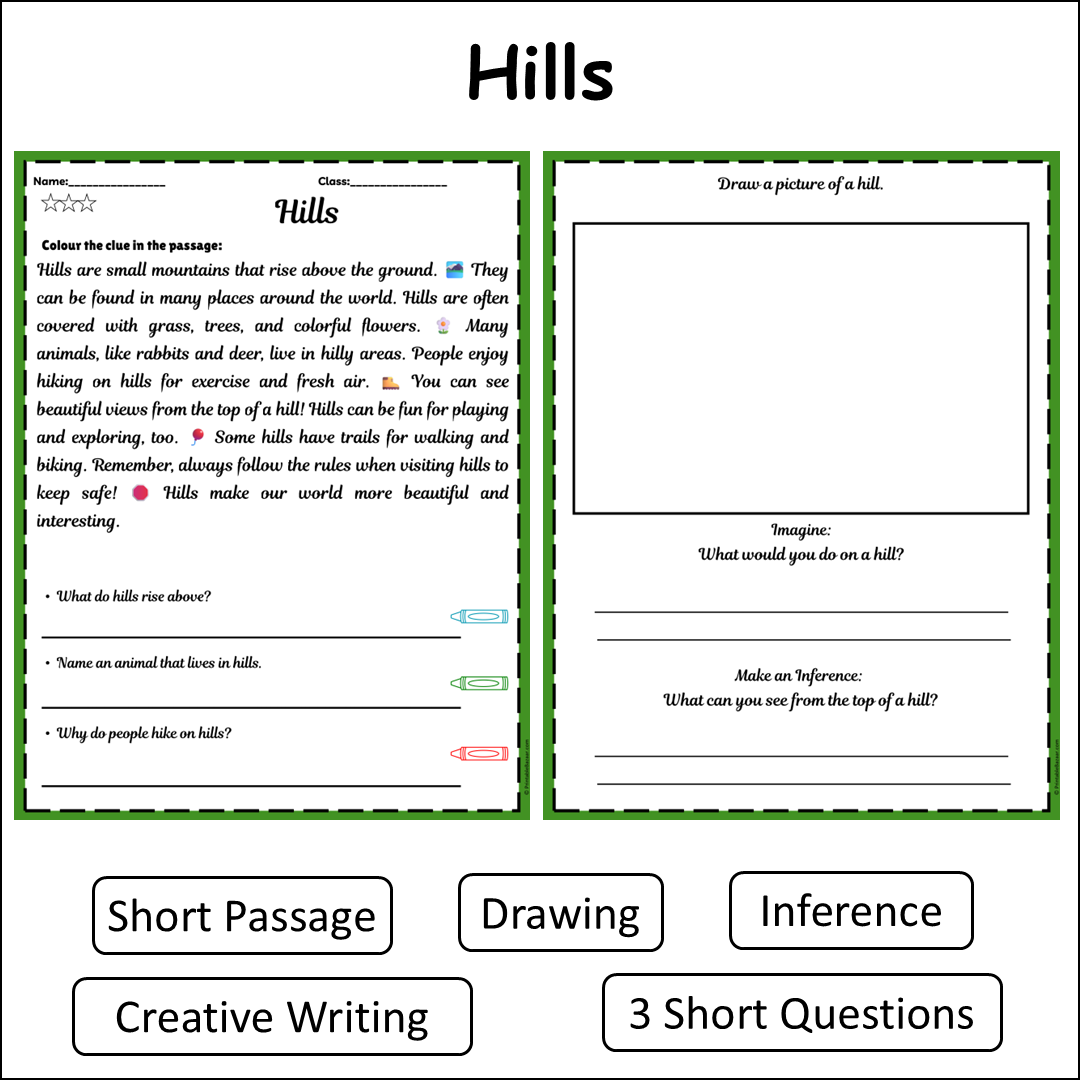 Hills | Short Reading Comprehension Creative Worksheet