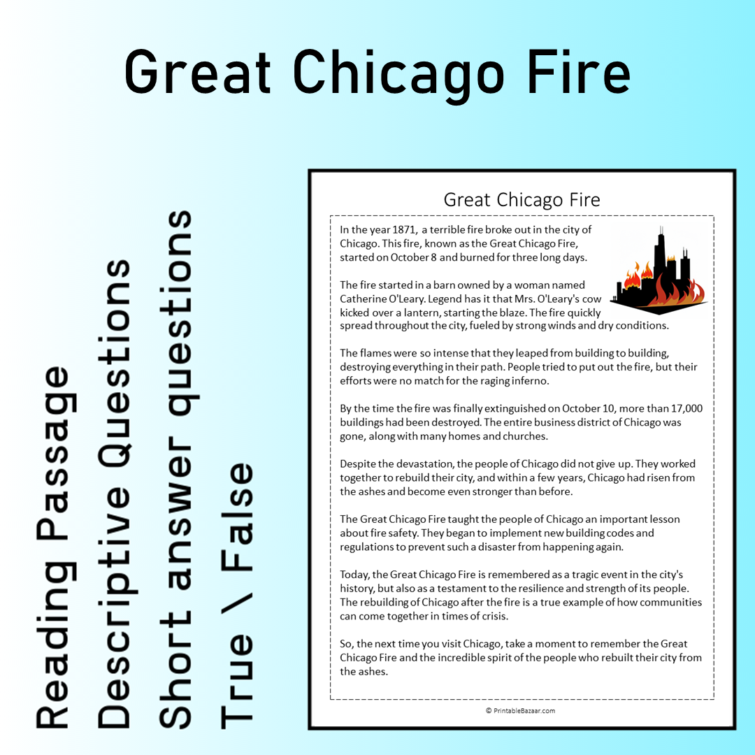 Great Chicago Fire | Reading Comprehension Passage Printable Worksheet