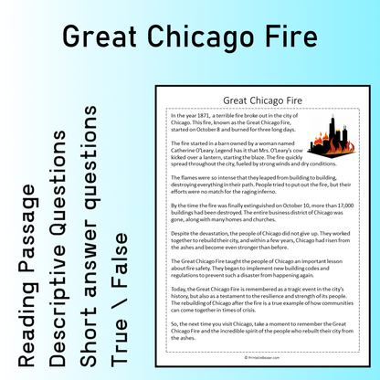 Great Chicago Fire | Reading Comprehension Passage Printable Worksheet