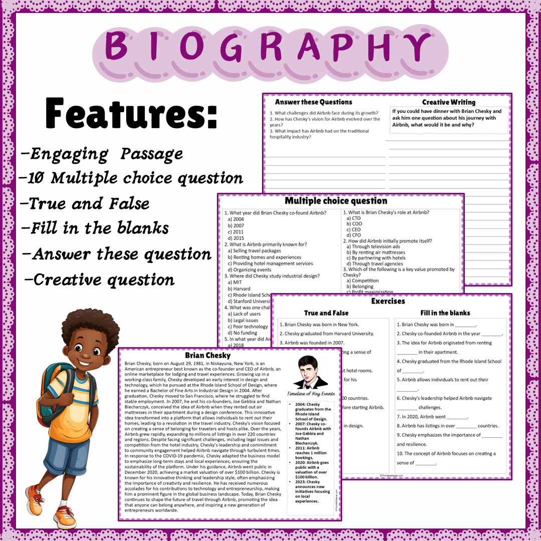 Brian Chesky | Biography Reading Comprehension and Questions Worksheet