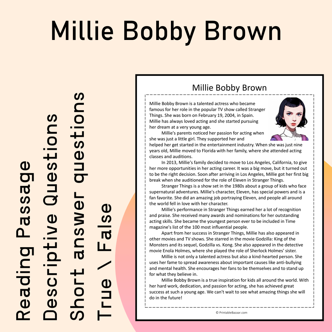 Millie Bobby Brown | Reading Comprehension Passage Printable Activity