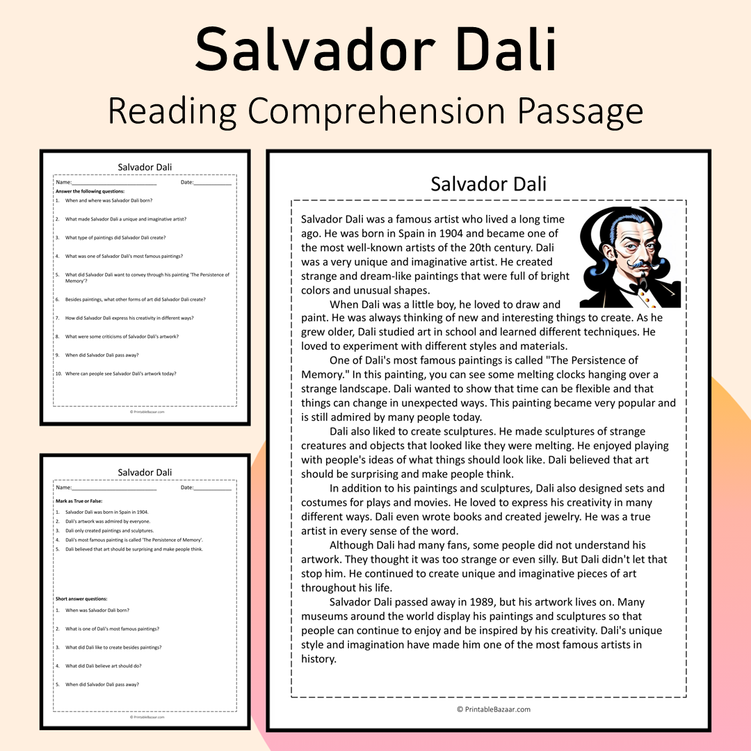 Salvador Dali | Reading Comprehension Passage Printable Activity