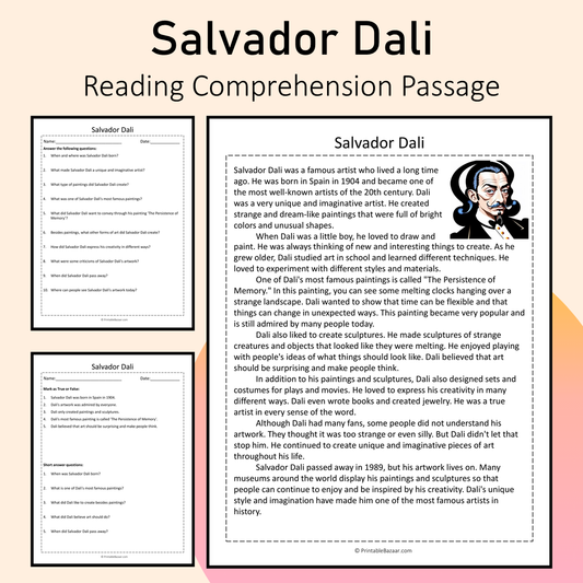 Salvador Dali | Reading Comprehension Passage Printable Activity