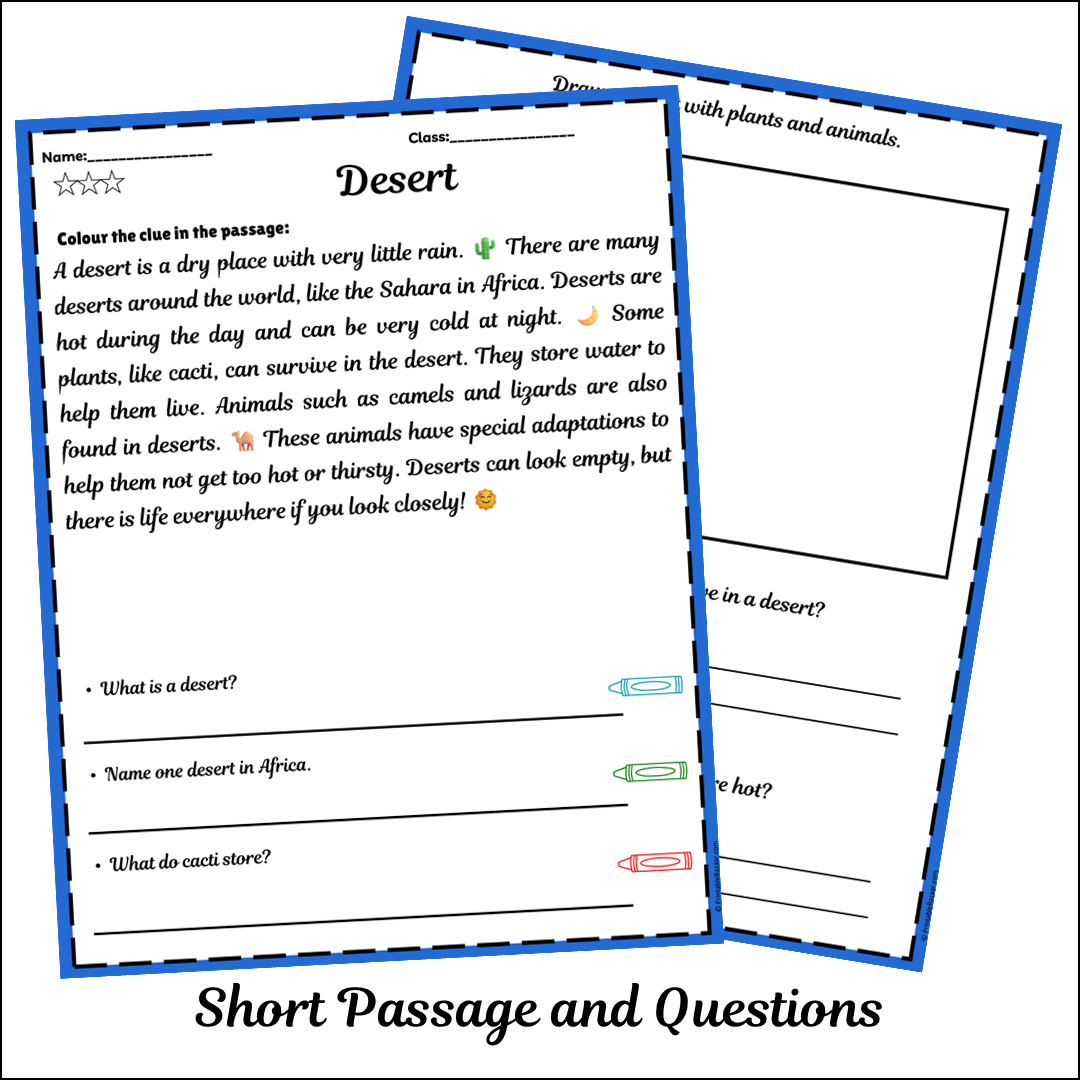 Desert | Short Reading Comprehension Creative Worksheet