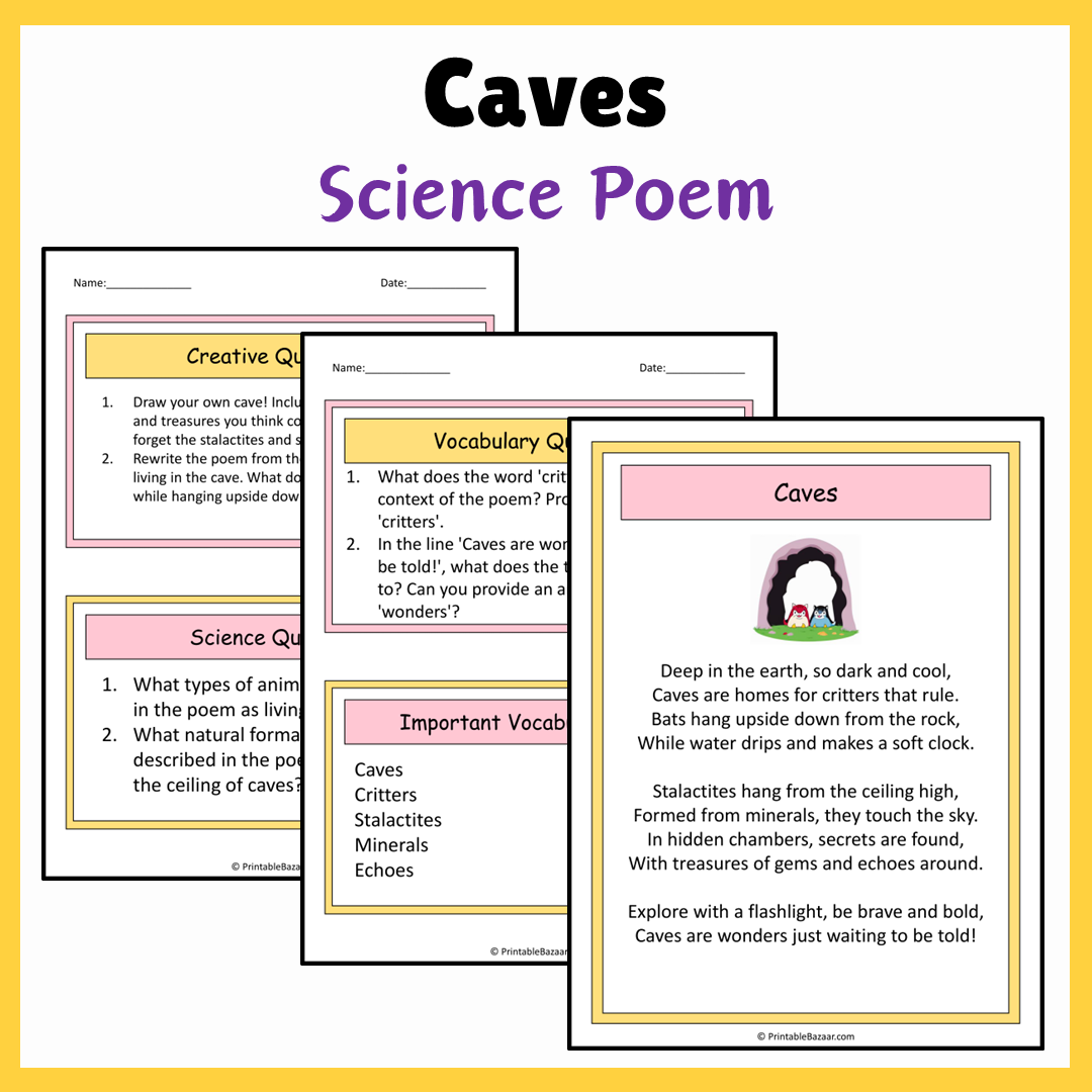 Caves | Science Poem Reading Comprehension Activity