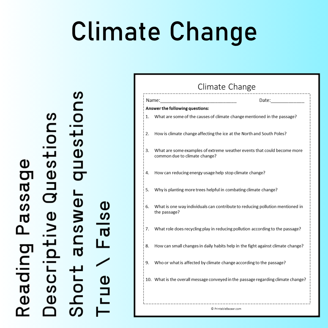 Climate Change | Reading Comprehension Passage Printable Worksheet