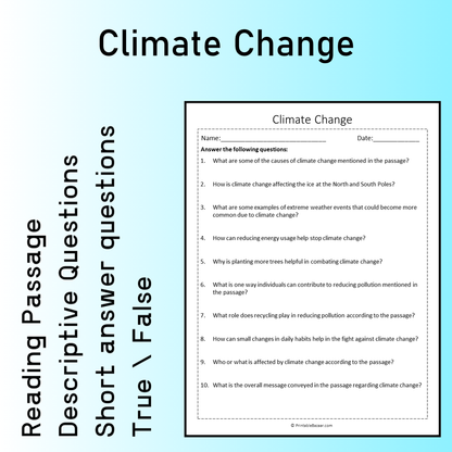 Climate Change | Reading Comprehension Passage Printable Worksheet