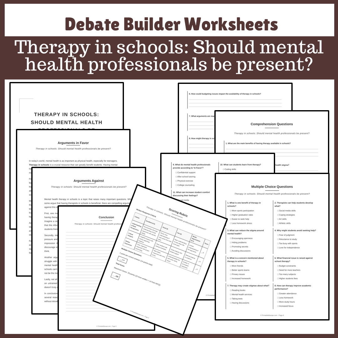 Therapy in schools: Should mental health professionals be present? | Favour and Against Worksheet Printable Activity