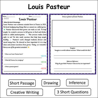 Louis Pasteur | Short Reading Comprehension Creative Worksheet