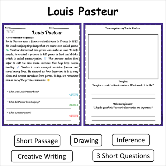 Louis Pasteur | Short Reading Comprehension Creative Worksheet