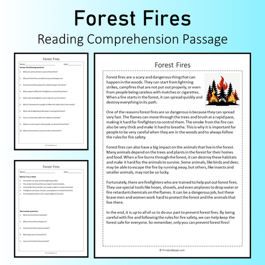 Forest Fires | Reading Comprehension Passage Printable Worksheet