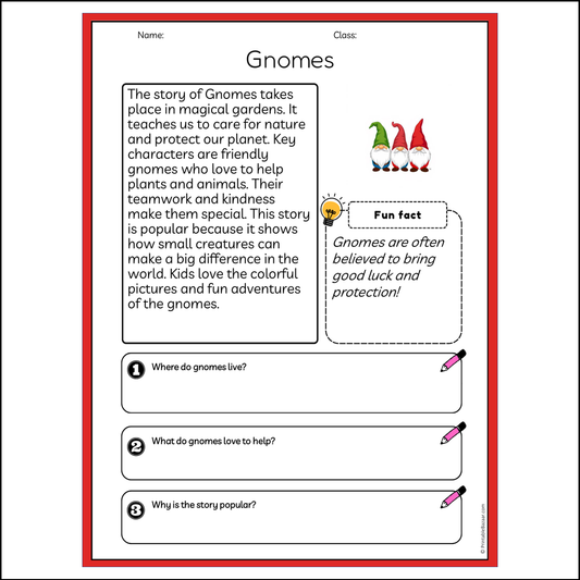 Gnomes | Reading Passage Comprehension Questions Writing Facts Worksheet