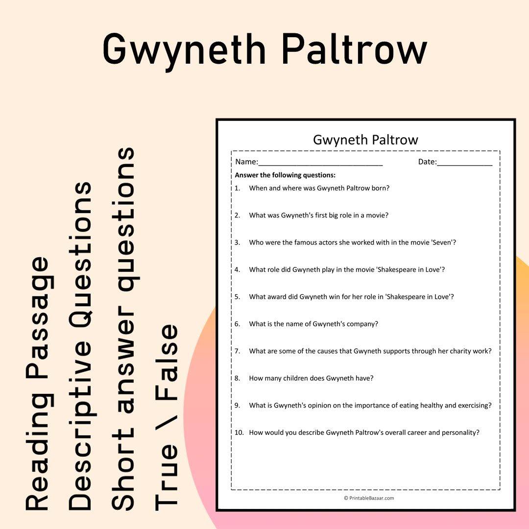 Gwyneth Paltrow | Reading Comprehension Passage Printable Activity