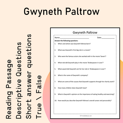 Gwyneth Paltrow | Reading Comprehension Passage Printable Activity