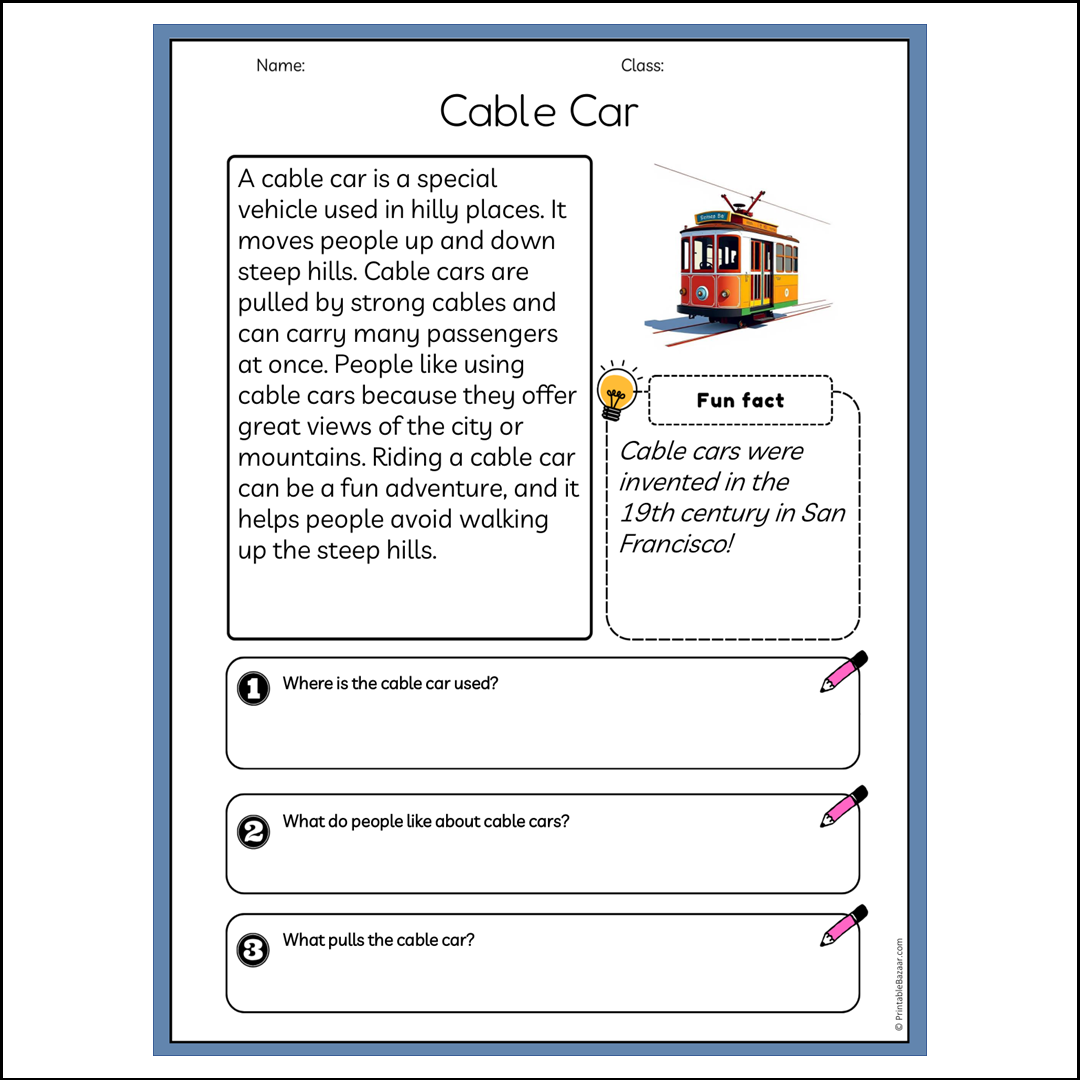 Cable Car | Reading Passage Comprehension Questions Writing Facts Worksheet