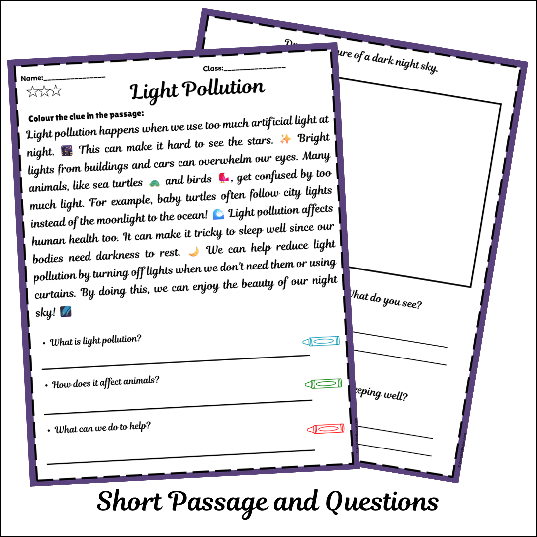 Light Pollution | Short Reading Comprehension Creative Worksheet