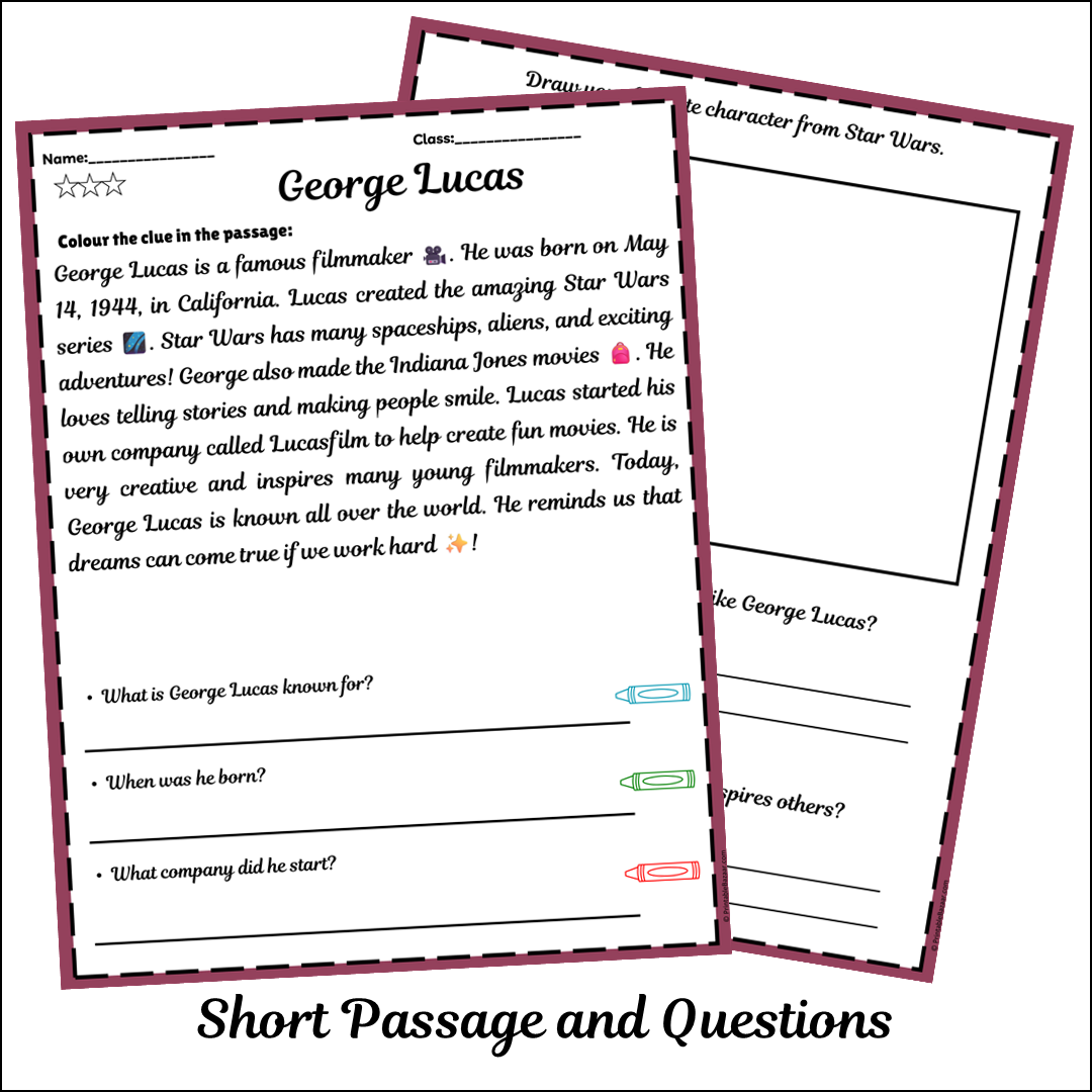 George Lucas | Short Reading Comprehension Creative Worksheet