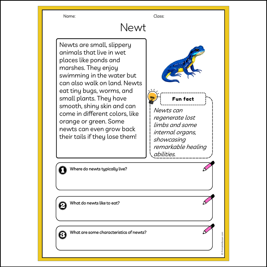 Newt | Reading Passage Comprehension Questions Writing Facts Worksheet