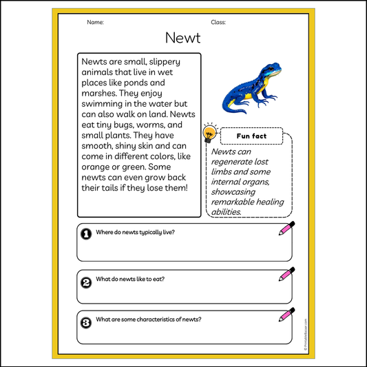 Newt | Reading Passage Comprehension Questions Writing Facts Worksheet