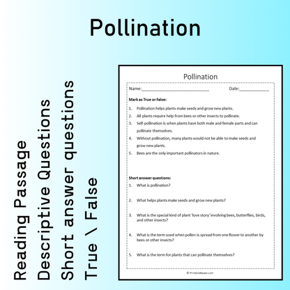 Pollination | Reading Comprehension Passage Printable Worksheet