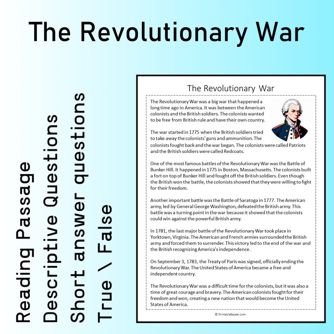 The Revolutionary War | Reading Comprehension Passage Printable Worksheet