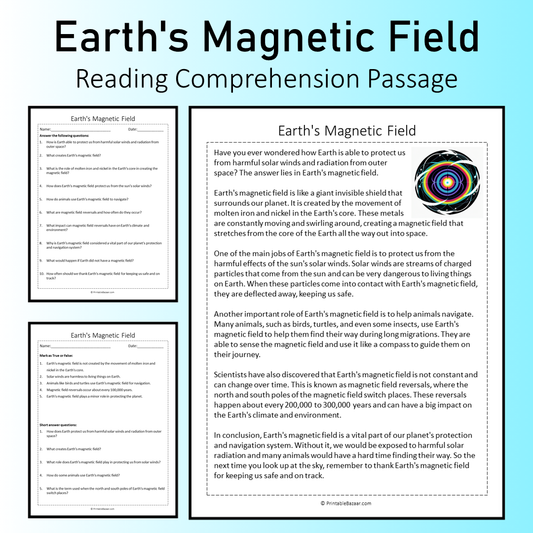 Earth's Magnetic Field | Reading Comprehension Passage Printable Worksheet