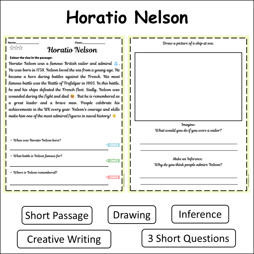 Horatio Nelson | Short Reading Comprehension Creative Worksheet