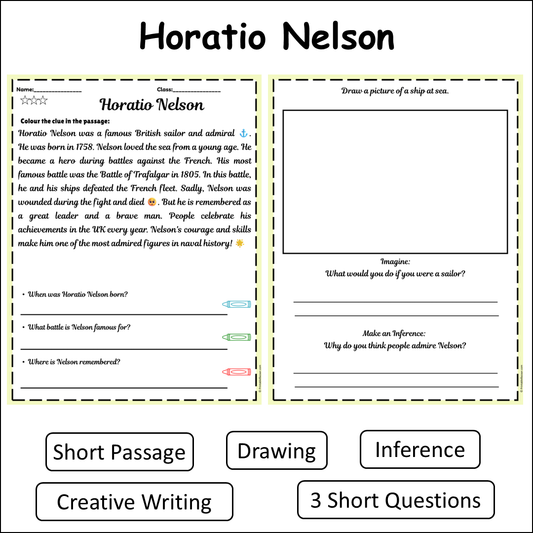 Horatio Nelson | Short Reading Comprehension Creative Worksheet