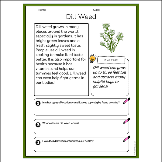 Dill Weed | Reading Passage Comprehension Questions Writing Facts Worksheet