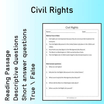Civil Rights | Reading Comprehension Passage Printable Worksheet
