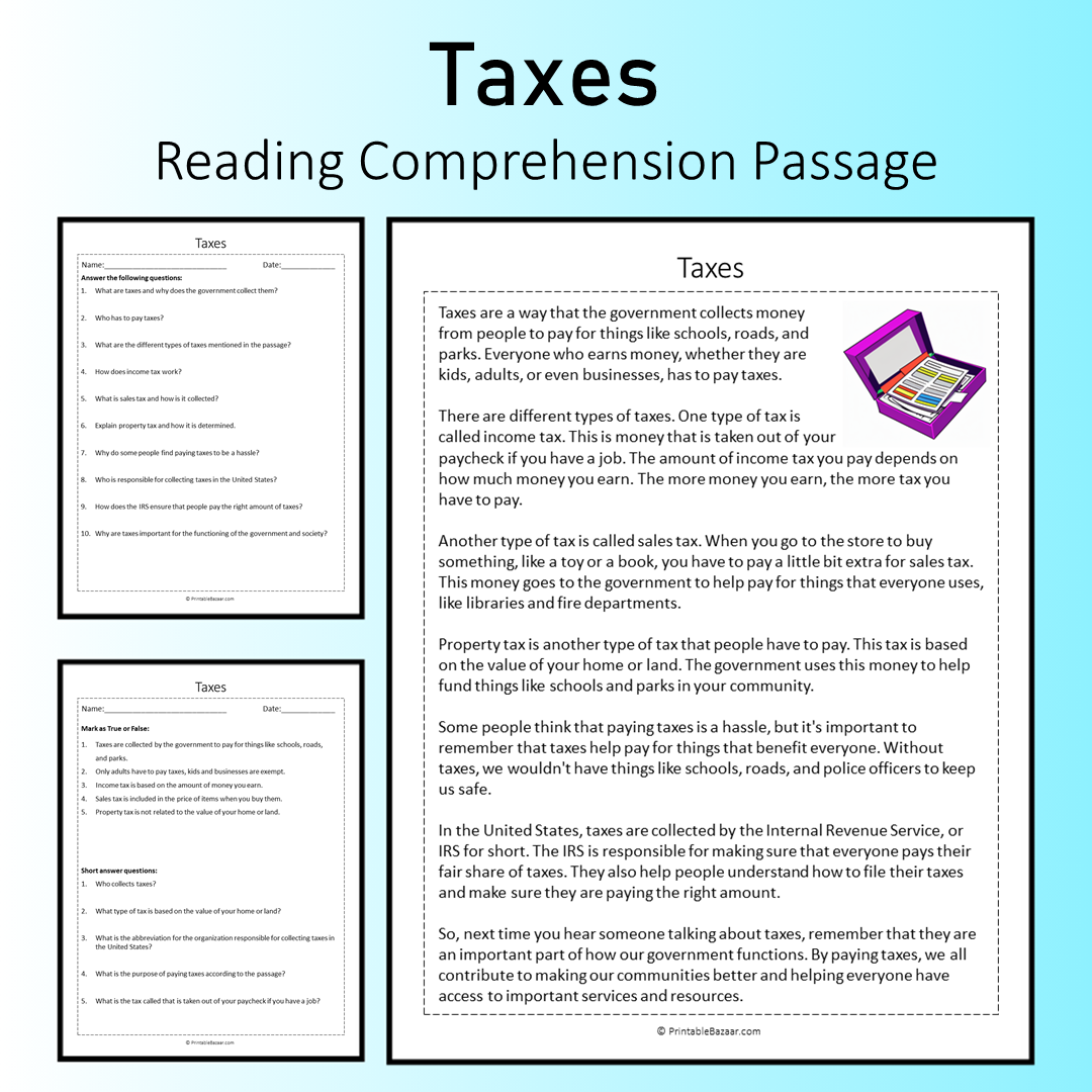 Taxes | Reading Comprehension Passage Printable Worksheet