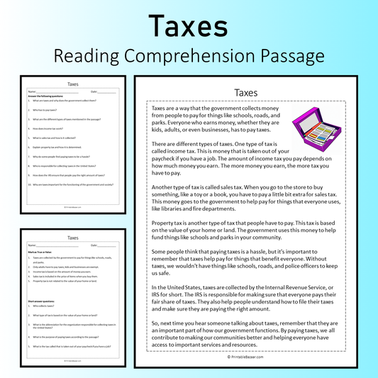 Taxes | Reading Comprehension Passage Printable Worksheet