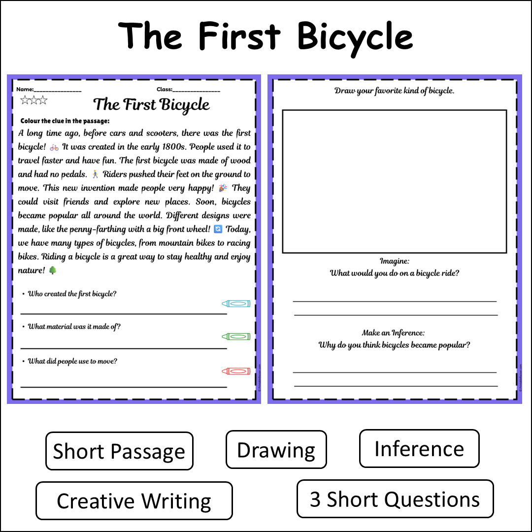 The First Bicycle | Short Reading Comprehension Creative Worksheet