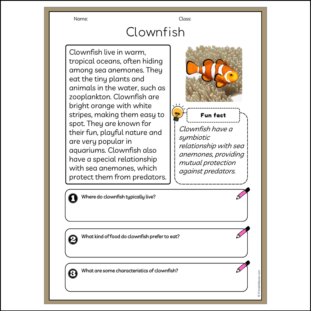 Clownfish | Reading Passage Comprehension Questions Writing Facts Worksheet