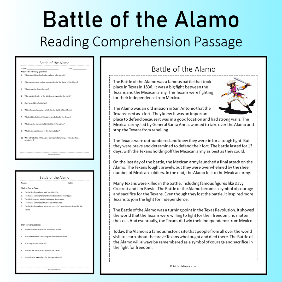 Battle of the Alamo | Reading Comprehension Passage Printable Worksheet