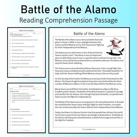 Battle of the Alamo | Reading Comprehension Passage Printable Worksheet