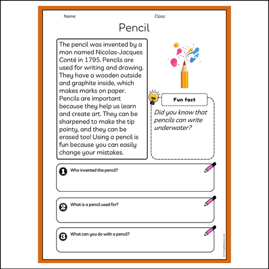 Pencil | Reading Passage Comprehension Questions Writing Facts Worksheet