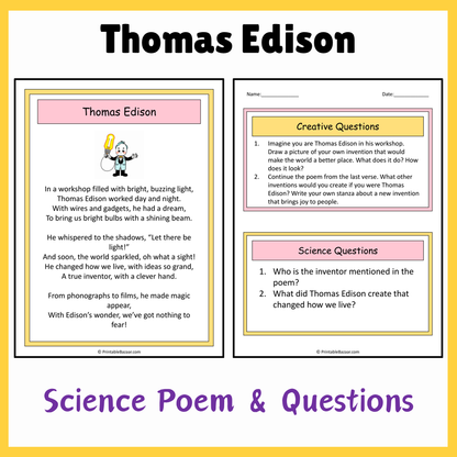 Thomas Edison | Science Poem Reading Comprehension Activity