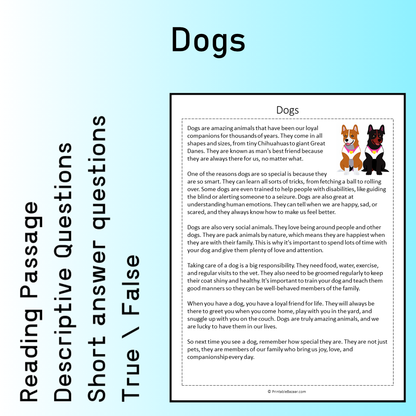 Dogs | Reading Comprehension Passage Printable Worksheet