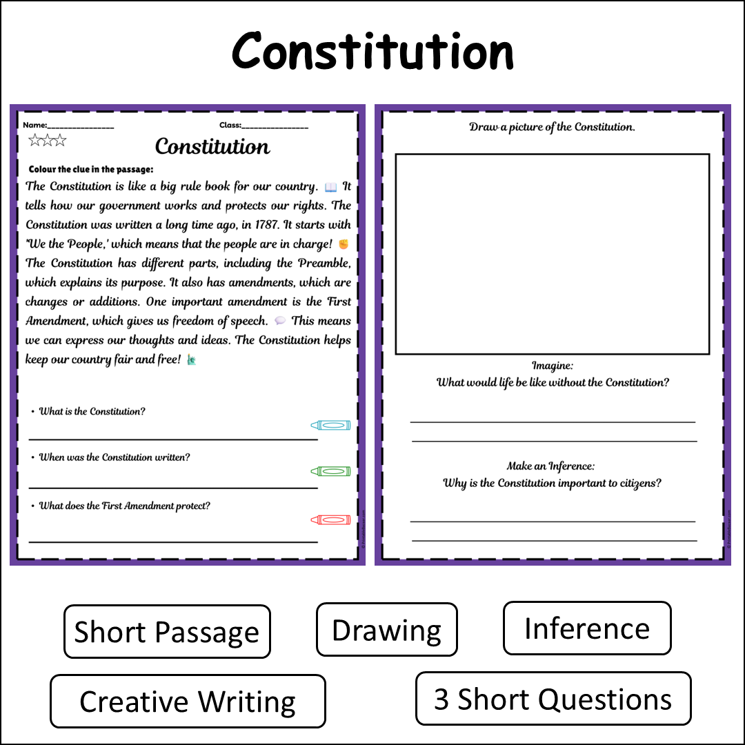 Constitution | Short Reading Comprehension Creative Worksheet