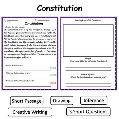 Constitution | Short Reading Comprehension Creative Worksheet