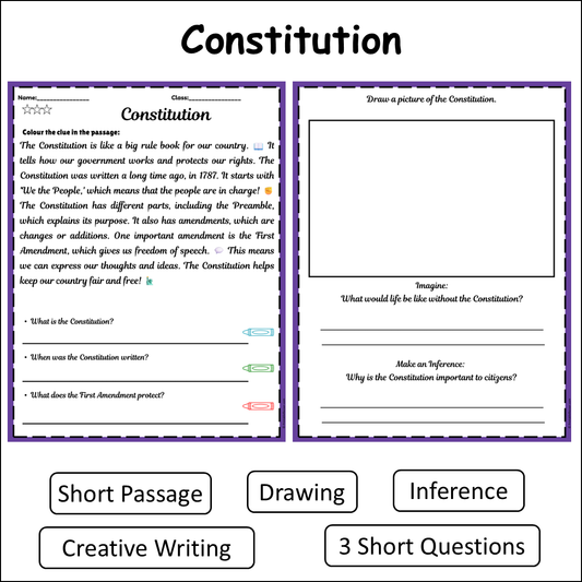 Constitution | Short Reading Comprehension Creative Worksheet