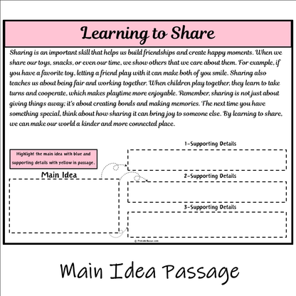 Learning to Share | Main Idea and Supporting Details Reading Passage and Questions