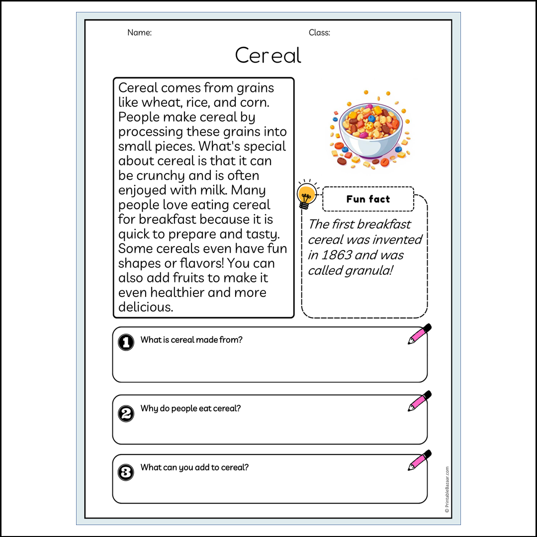 Cereal | Reading Passage Comprehension Questions Writing Facts Worksheet