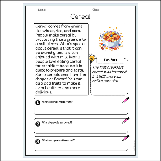 Cereal | Reading Passage Comprehension Questions Writing Facts Worksheet