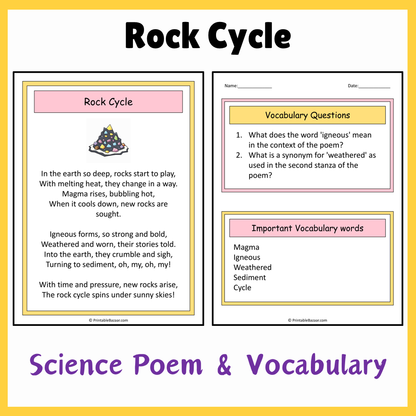 Rock Cycle | Science Poem Reading Comprehension Activity