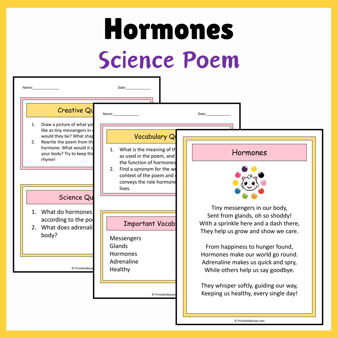 Hormones | Science Poem Reading Comprehension Activity