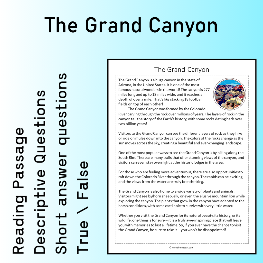 The Grand Canyon | Reading Comprehension Passage Printable Worksheet