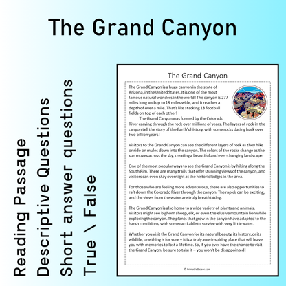 The Grand Canyon | Reading Comprehension Passage Printable Worksheet