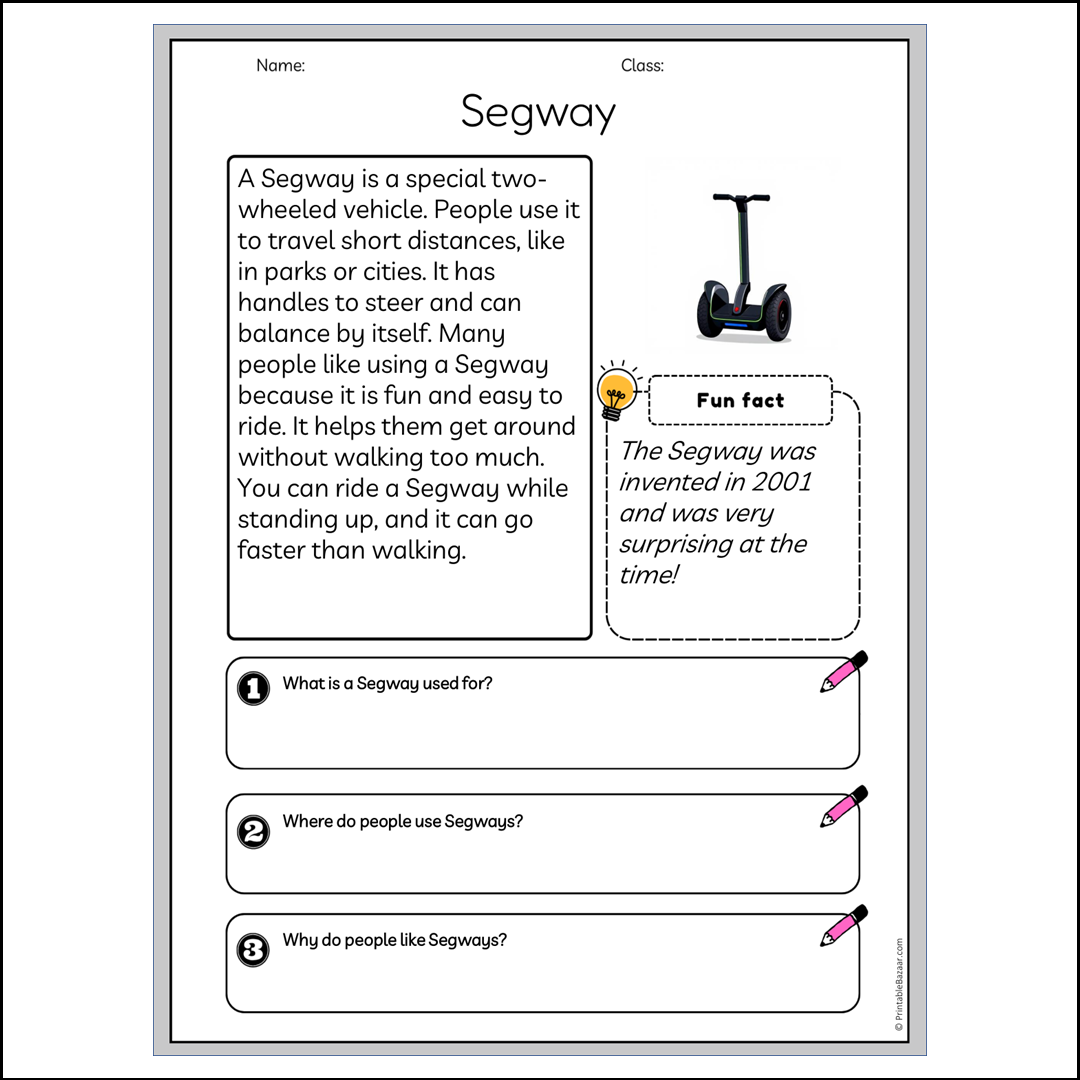 Segway | Reading Passage Comprehension Questions Writing Facts Worksheet